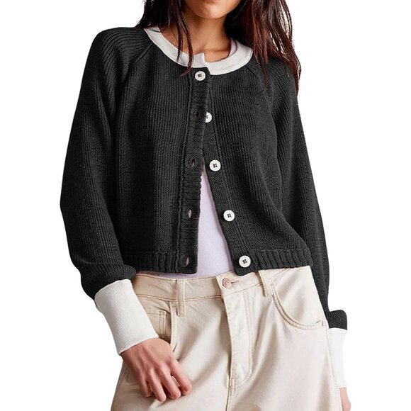 Sweaters - Women Knitted Button Down Cropped Cardigan Jacket Sweater Y2k Fall Knit Color Bl